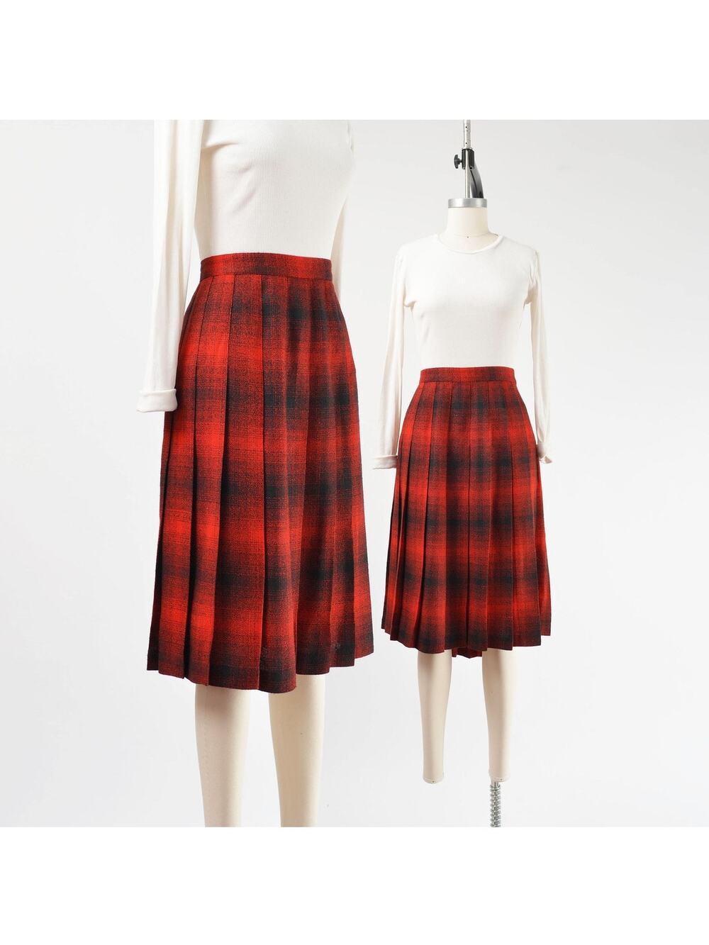 Vintage 80s Plaid Pleated Red Black High Waist Midi Skirt Preppy Academia XL